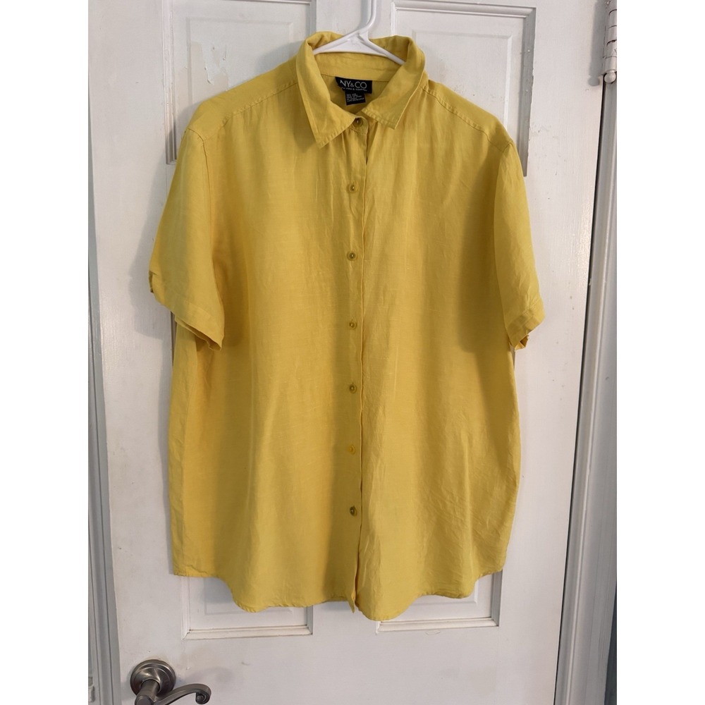 NY & Co Women's Sz L‎ Silk Linen Button Front Short Sleeve Summer Beach Yellow